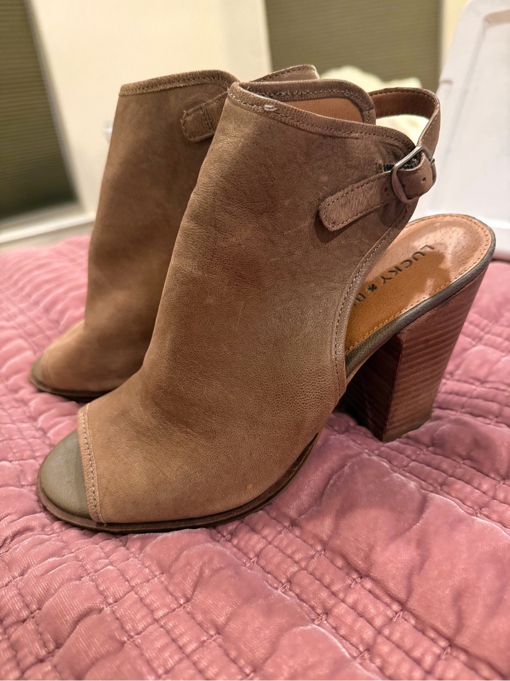 Lucky Brand Taupe Suede Open-Toe Block Heel Booties